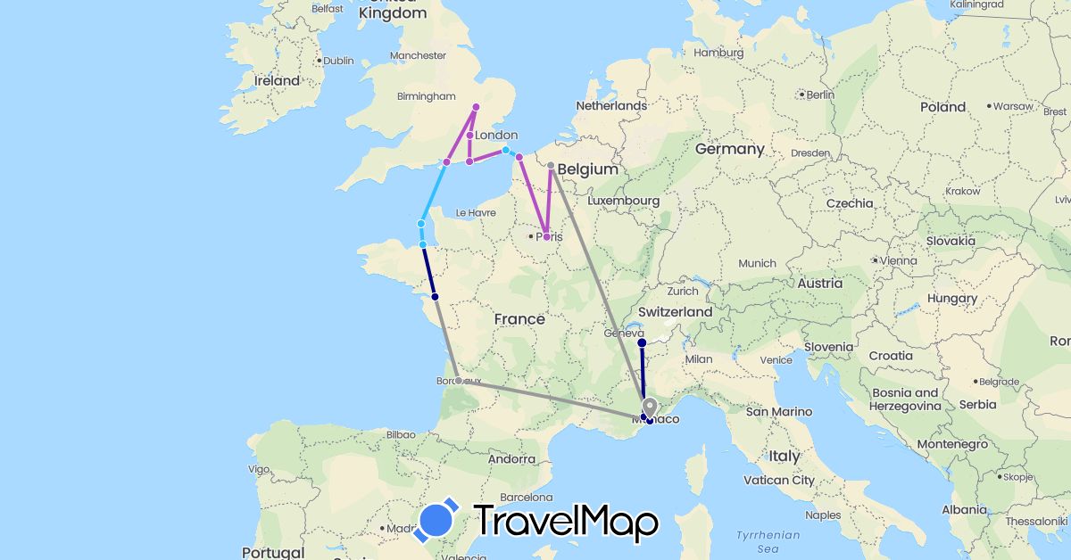 TravelMap itinerary: driving, plane, train, boat in France, United Kingdom, Jersey (Europe)